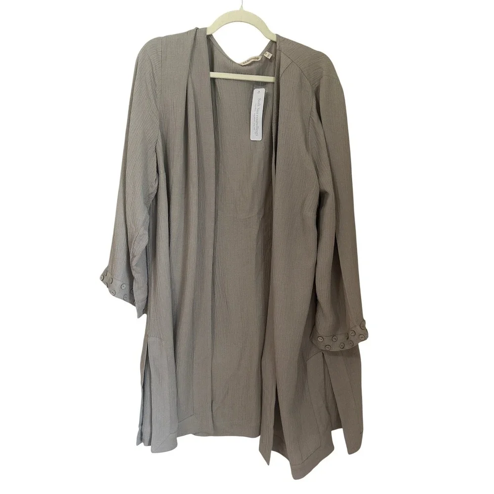 Soft Surroundings Size 2X Taupe Crinkle Gauze Open Cardigan Button Accent Cuff